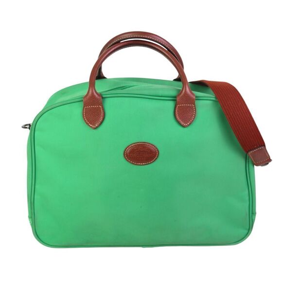 Longchamp GREEN CANVAS BROWN LEATHER ZIP AROUND TRAVEL CARRY ALL SHOULDER DUFFLE - Picture 1 of 15